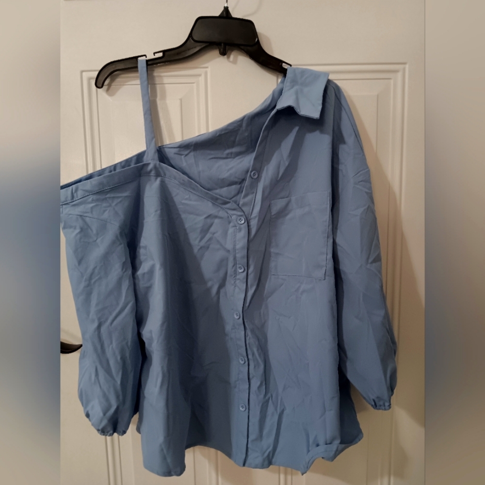 Off the shoulder,blue button-up